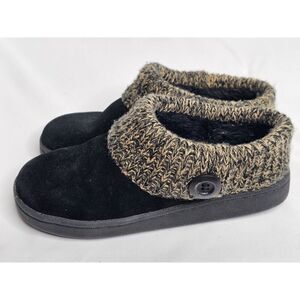 Clarks Womens Knitted Collar Clog Slippers Black Leather Suede Shoes Size 6